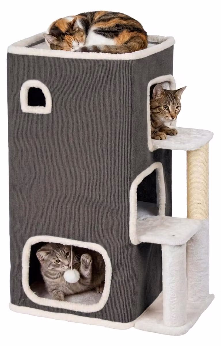 Relaxdays, rifugio per gatti a 3 piani, con gioco a sfera e tiragraffi, dimensioni: 83,5 x 43 x 34 cm, rifugio per animali domestici da interno, tessuto, grigio