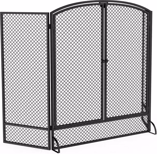 Parascintille per Camino Pieghevole HOMCOM a 3 Pannelli con 2 Porte, Nero, L: 122 cm, H: 75 cm, P: 10 cm