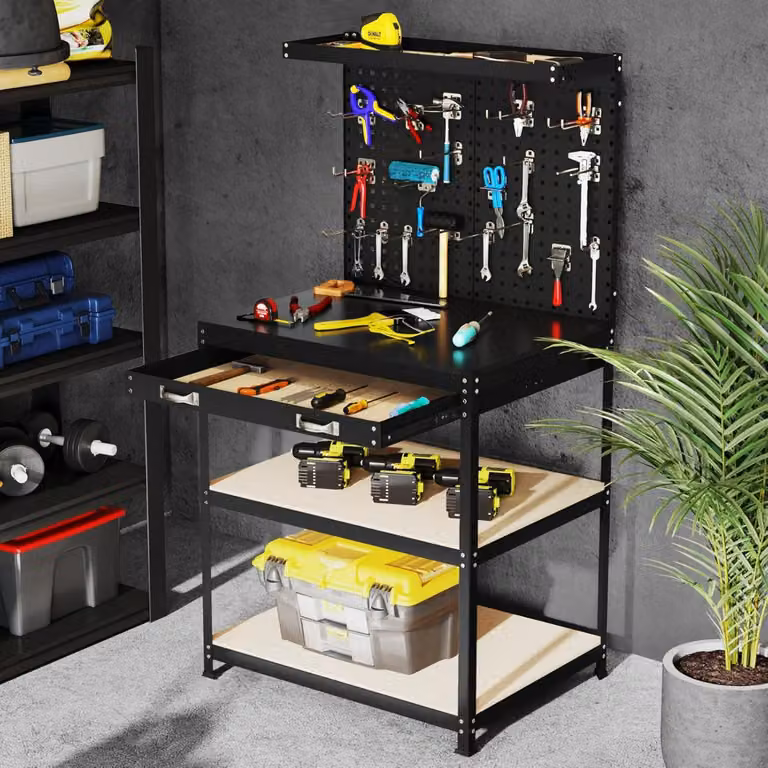 Costway Banco da lavoro in metallo con 2 pegboard, cassetto e mensole, Nero