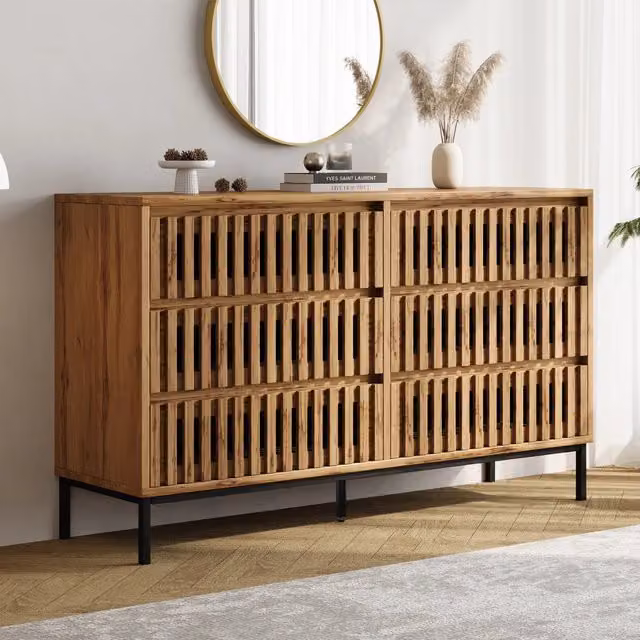 Credenza con 6 cassetti e 5 piedi con supporto centrale regolabile per soggiorno e camera da letto 120 × 40 × 81 cm