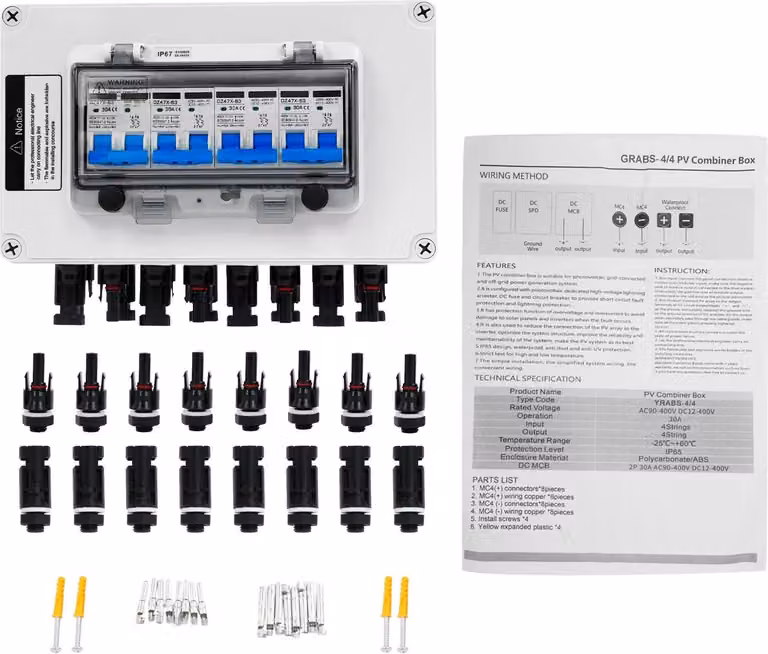 PV-Combiner Box - 2 ingressi 2 uscite - interruttore automatico 30A DC - DC 12-400V - impermeabile IP67 - protezione da sovratensione 40 kA - Beige