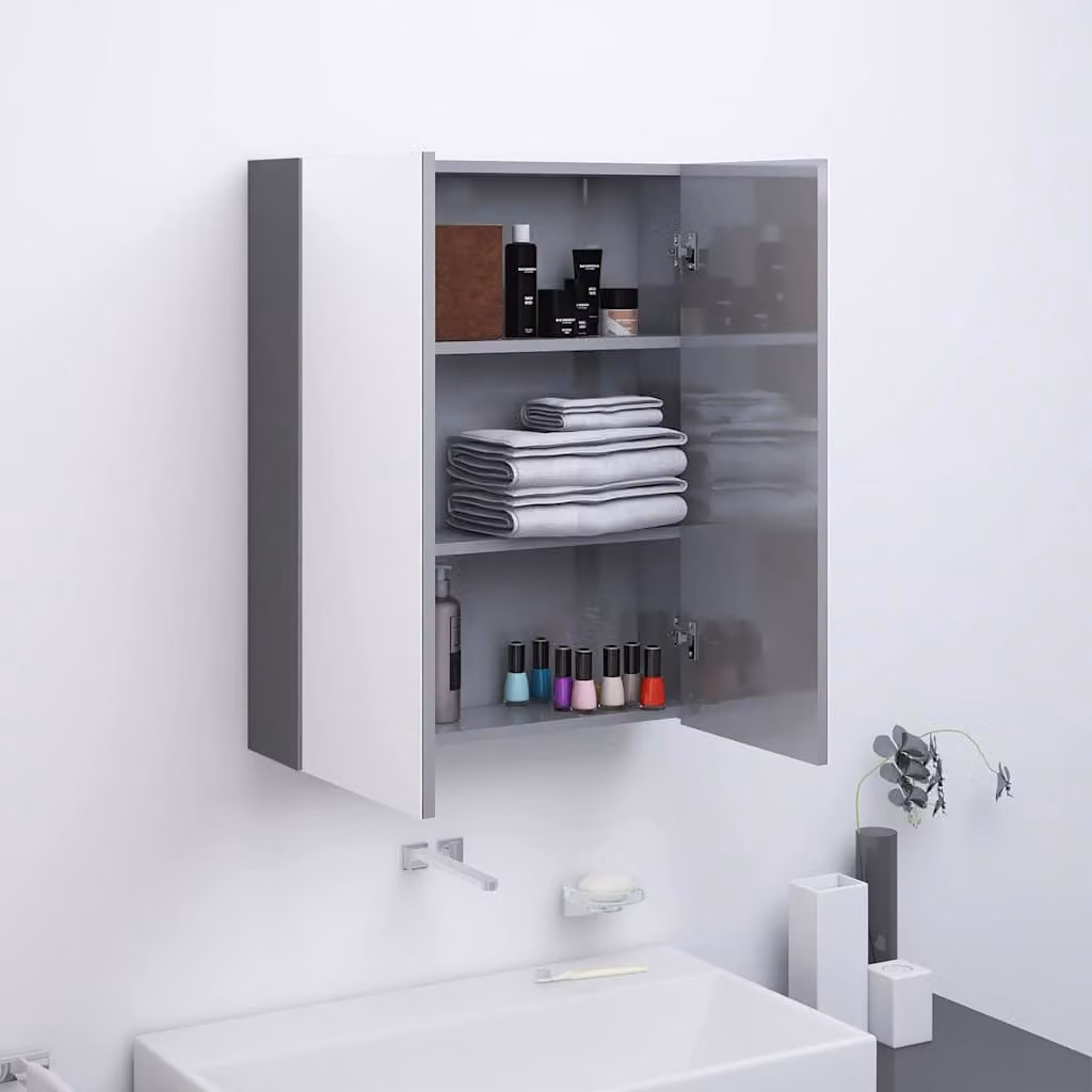 Armadietto a specchio da bagno vidaXL moderno in MDF grigio lucido con ante a vetro, L: 60 cm, P: 15 cm, H: 75 cm