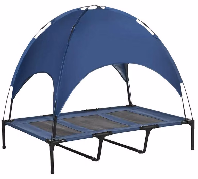 Letto rialzato per cani con tenda | Colore: blu scuro + nero | Dimensioni: 92x122x108 cm