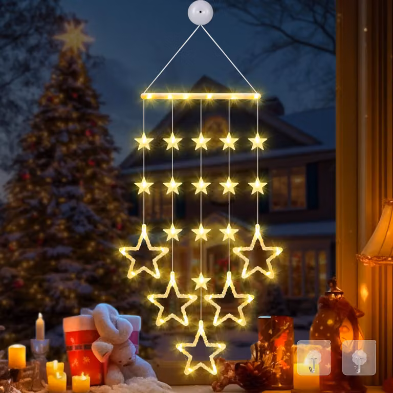 Illuminazione per finestre a forma di stelle, 87x26 cm, catena luminosa a LED bianco caldo