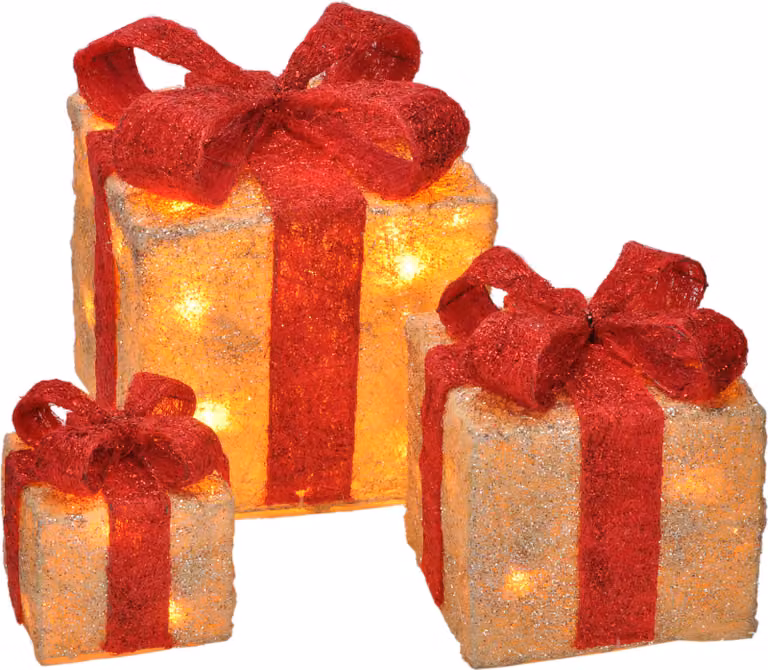 Scatole regalo a LED con timer set di 3 - ROSSE - Scatole per decorazioni natalizie bianco caldo illuminate a batteria con timer