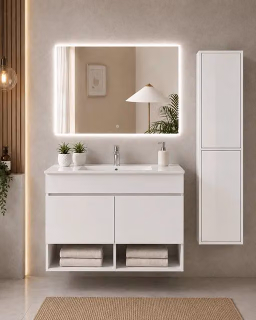 Mobile bagno sospeso con lavabo ORIGENBATH NEBARI con ante con colonna 100x40 cm bianco con colonna