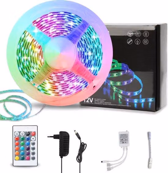 Strisce LED RGB da 4 metri, 5050 SMD – 120 LED – Dimmerabili e autoadesive, con telecomando a 24 tasti e connettore per batteria