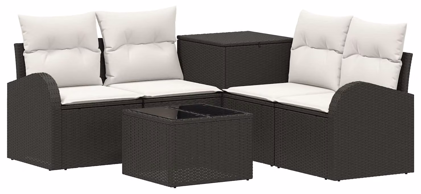 Set di divani da esterno, 6 pezzi. Colore: nero e crema. Materiali: rattan sintetico e acciaio