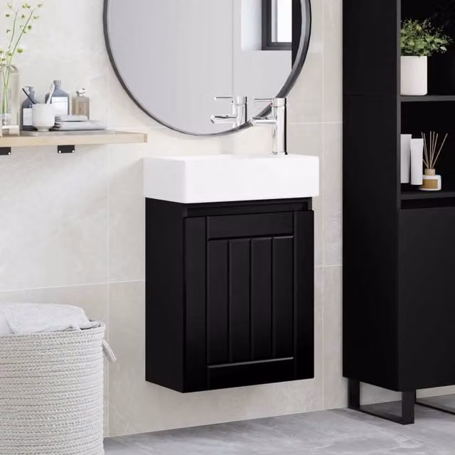 Mobile bagno moderno vidaXL con rubinetto, sospeso, L/P/H: 45,5 x 25,5 x 84 cm, nero/bianco/argento – 1
