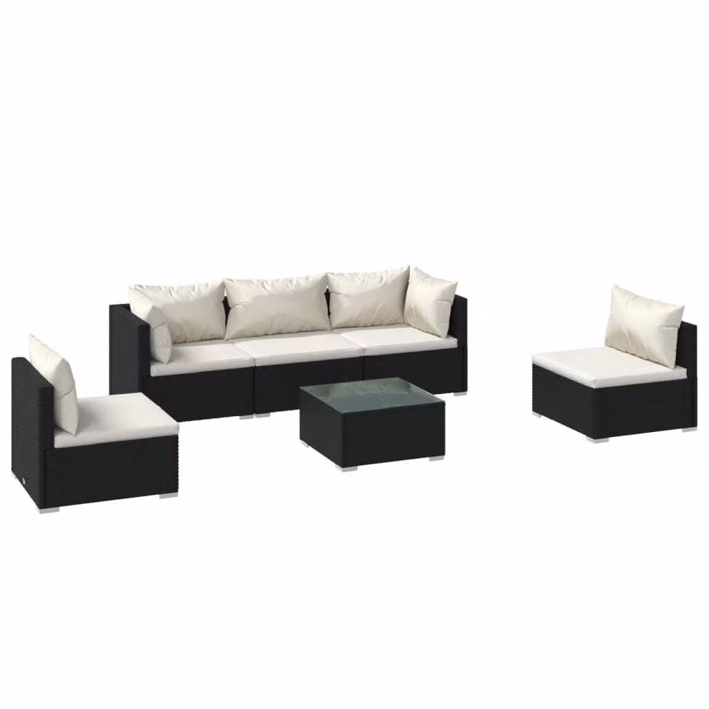 Set Divani da Giardino 6 pz con Cuscini in Polyrattan Nero