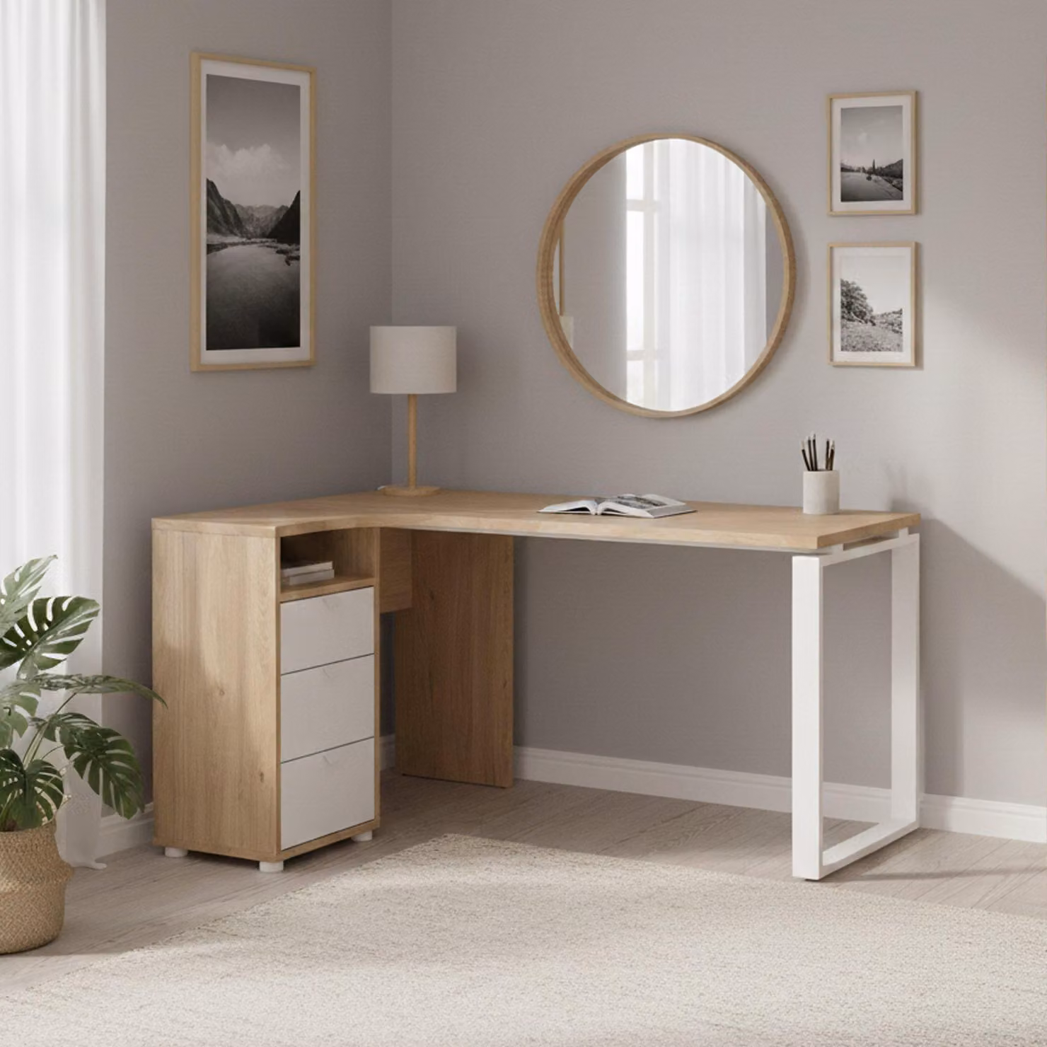 Dmora Scrivania Medard 99.6x150x75.6h cm Bianco, 3 Cassetti Materiale Piano in Legno Nobilitato