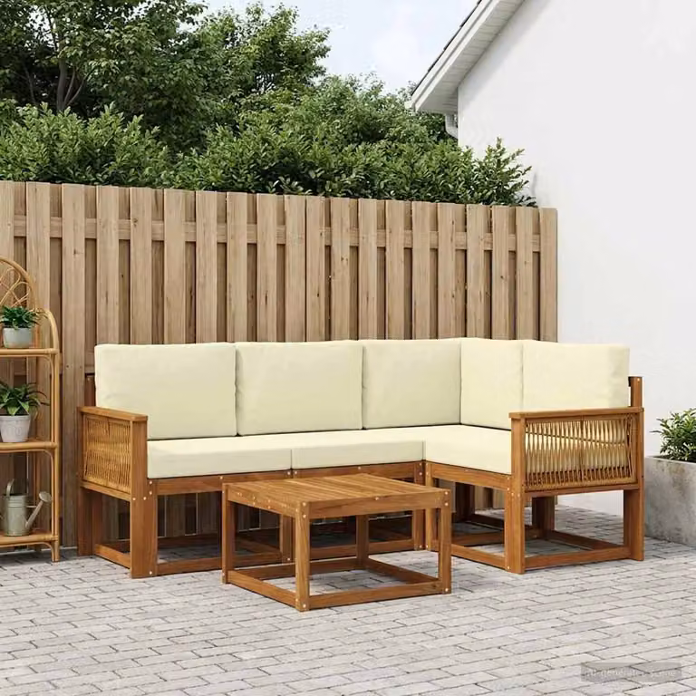 Set di divani da esterno a L vidaXL in legno di acacia con tavolo da caffè, colore beige e bianco, composto da 5 pezzi con cuscini inclusi
