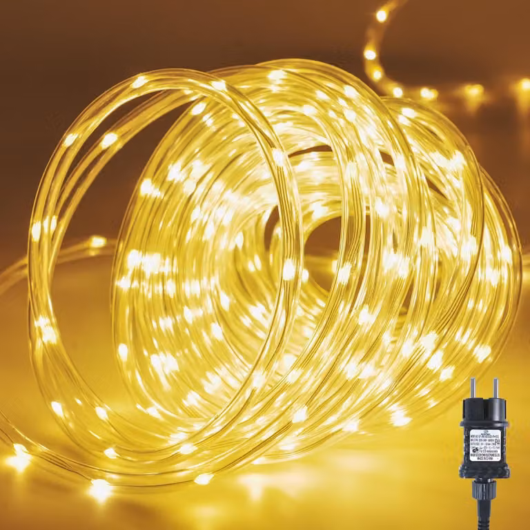 Guarnizione luminosa da 10 metri, 200 LED bianco caldo, grado di protezione IP44, 8 modalità, per uso esterno