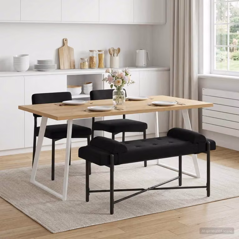 Panchina moderna vidaXL in velluto nero con bottoni e cuscini L 110 cm x P 40 cm x H 46 cm