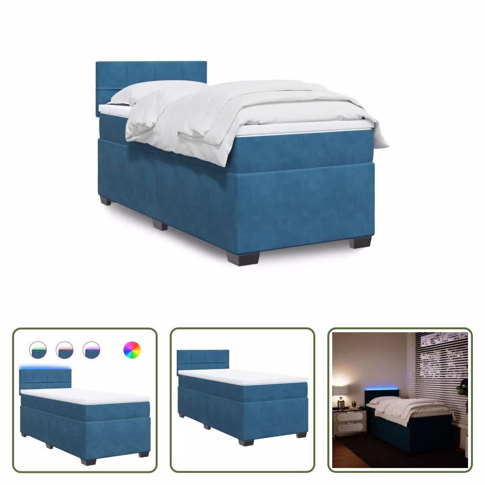 The Living Store Letto a molle con materasso blu 100x200 cm in velluto