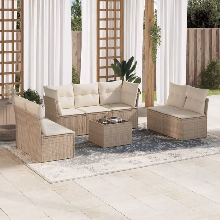 vidaXL Set Divano da Giardino 8 pz in Polyrattan con Cuscini Beige e Tavolino da Esterno