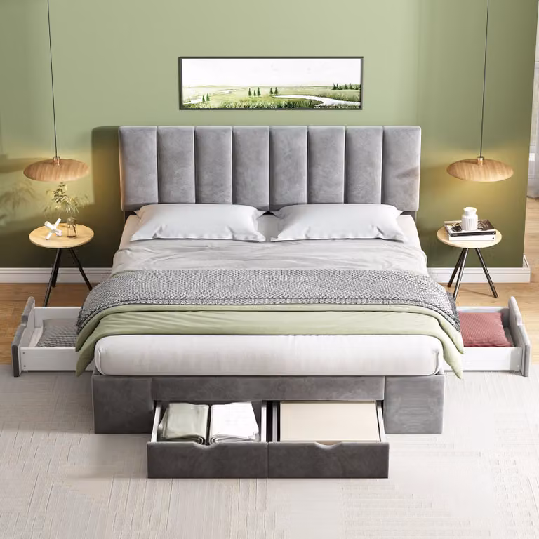 Flieks letto imbottito 160x200cm letto matrimoniale con 4 cassetti e rete a doghe, letto contenitore letto in legno letto per ragazzi letto funzionale letto in velluto