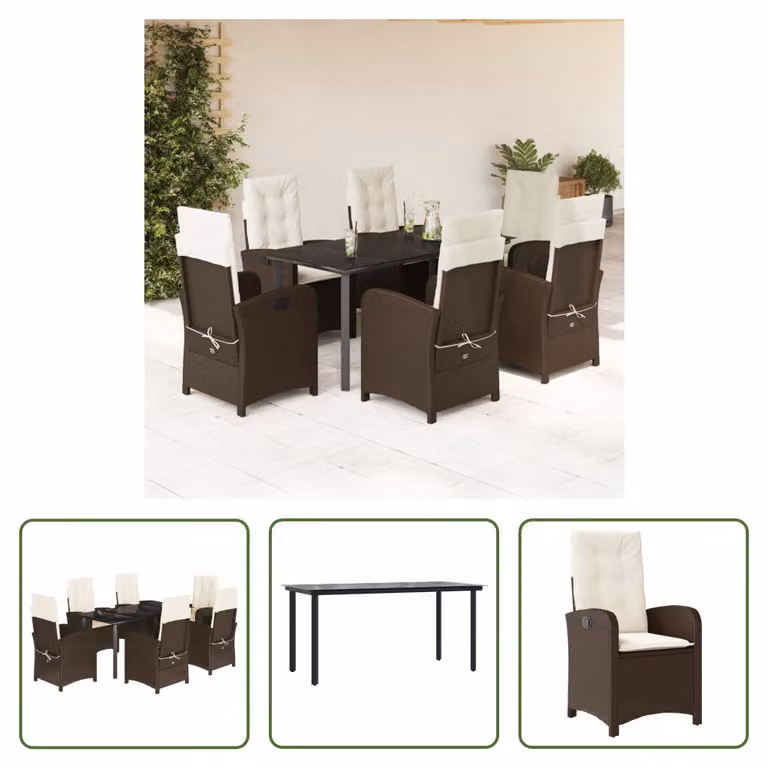 The Living Store Set da pranzo da giardino 7 pezzi con cuscini in polirattan marrone