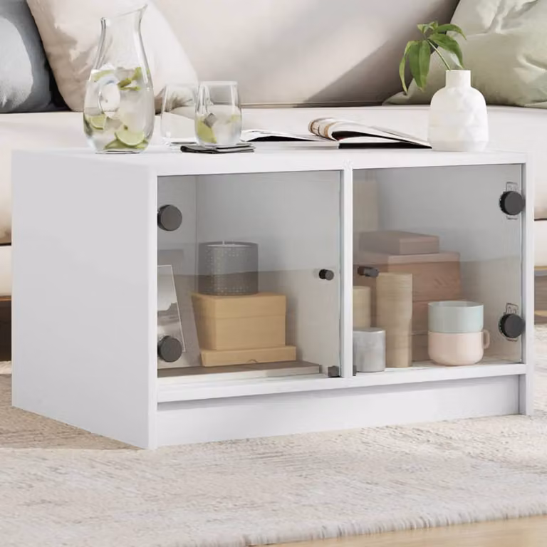 vidaXL Tavolino da Salotto Moderno Bianco con Ante in Vetro L: 68 cm, P: 50 cm, H: 42 cm