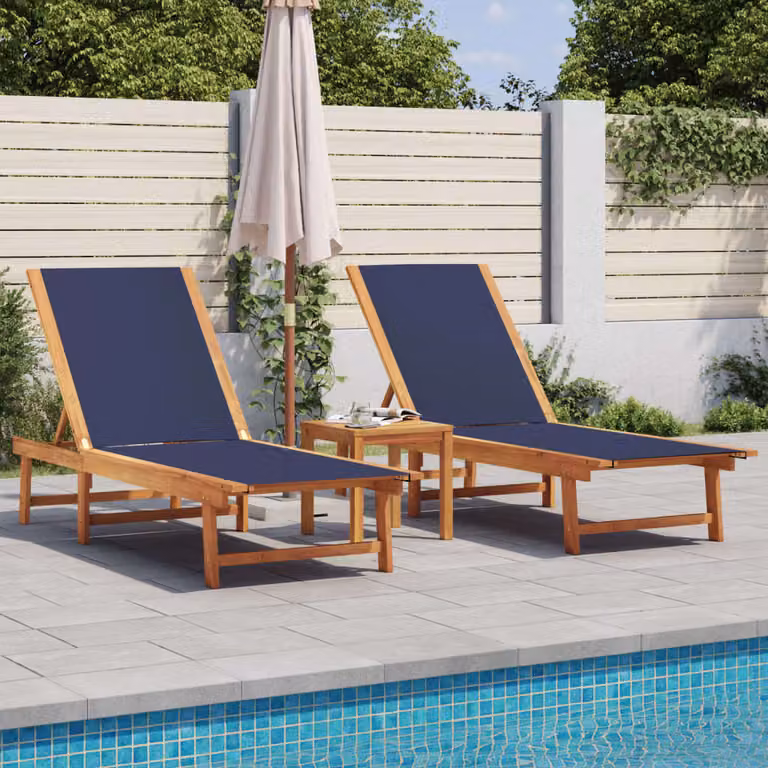 Set di 2 lettini prendisole vidaXL in legno di acacia oliato e textilene blu con schienale regolabile