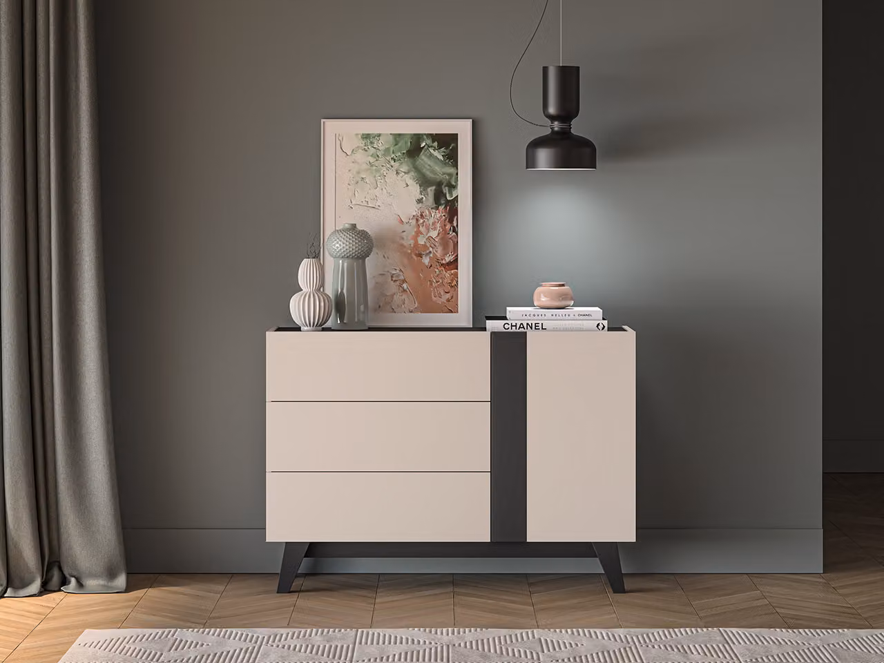 Cassettiera ampia CHARLOTTE - cashmere / nero