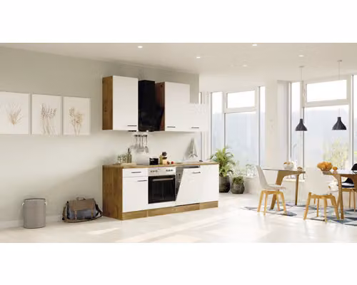 Mobile cucina con elettrodomestici Flex Well Vintea 220 cm colore frontale magnolia opaco colore mobile lancelot rovere