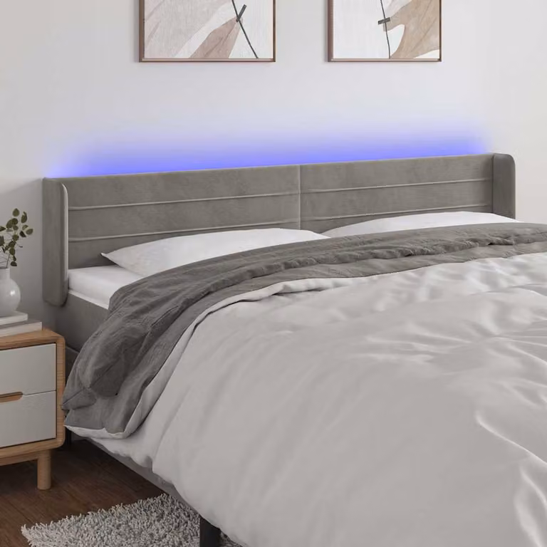 Testiera per letto vidaXL in velluto grigio con illuminazione LED e porta di ricarica USB, L: 183 cm, P: 16 cm, H: 78/88 cm