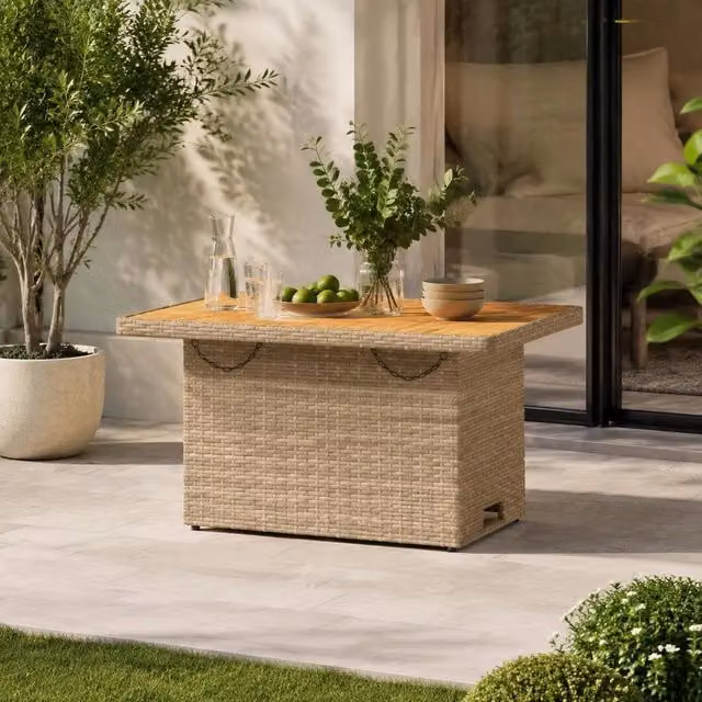 Garden Table Beige 90x55x71 Cm Poly Rattan And Acacia Wood