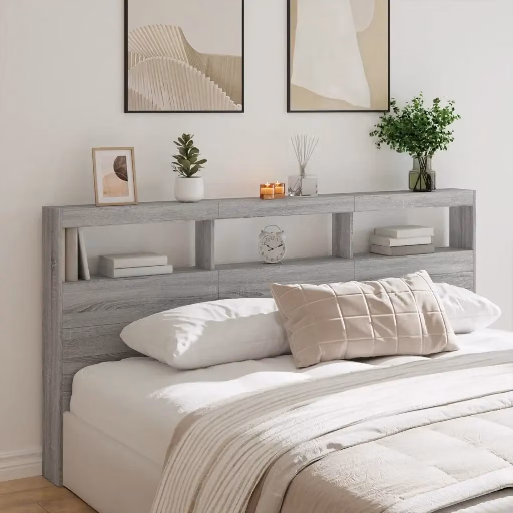 Testata con contenitore e illuminazione LED Grigio Sonoma, con ripiano integrato e porta di ricarica USB, L 200 x P 17 x H 102 cm – 2