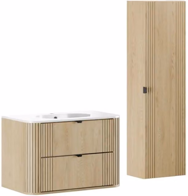 Set da bagno KORI Meublorama beige con mobile sottolavabo, lavabo da incasso e colonna di stoccaggio