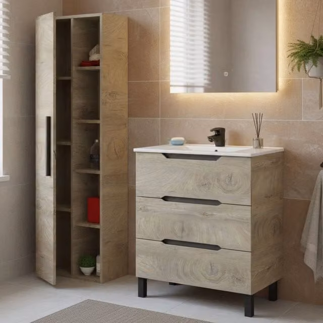 Set Mobili Bagno DMORA Laterza con Mobile Lavabo e Colonna, Rovere Marrone, Moderno – 1
