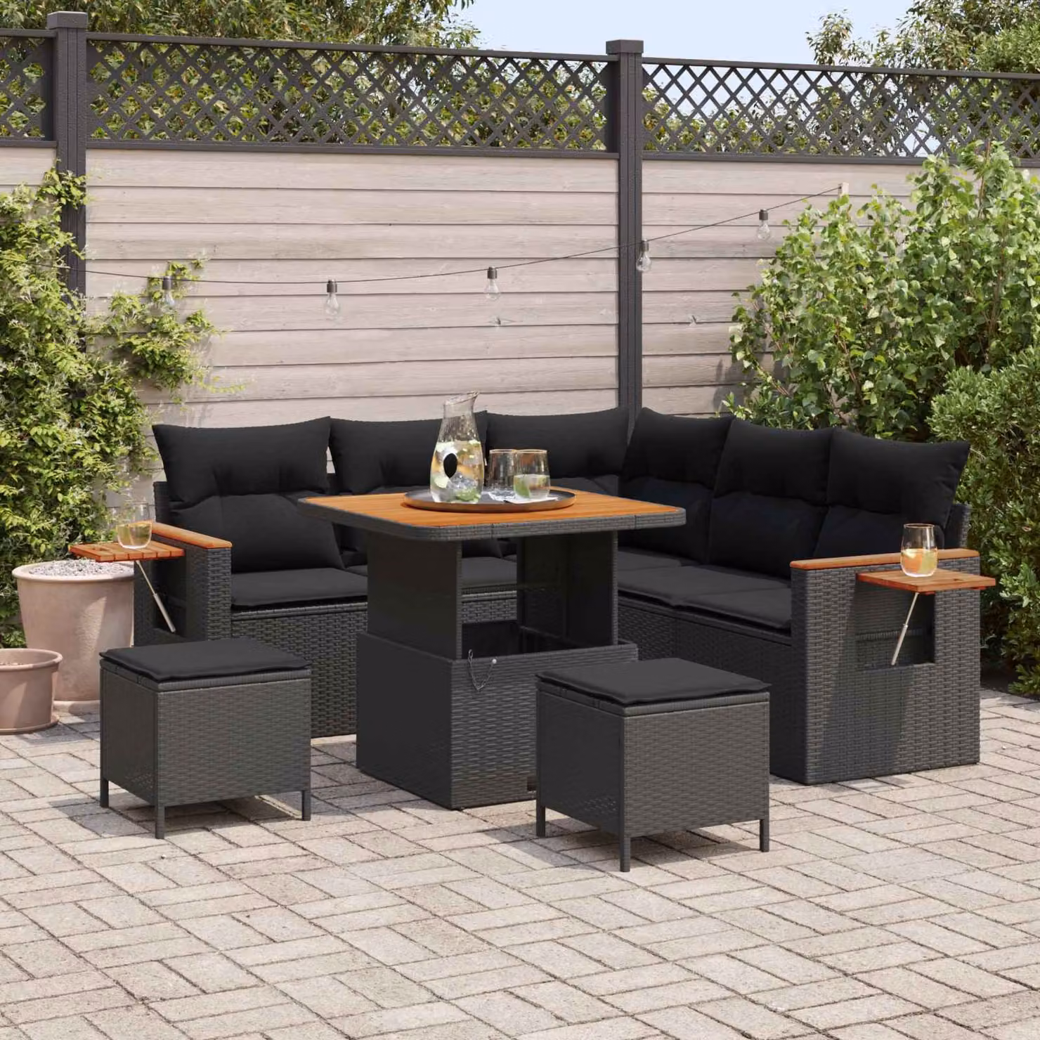 Set Divano da Giardino vidaXL a L in Polyrattan Nero con Cuscini e Tavolino da Esterno 8 Pezzi – 1