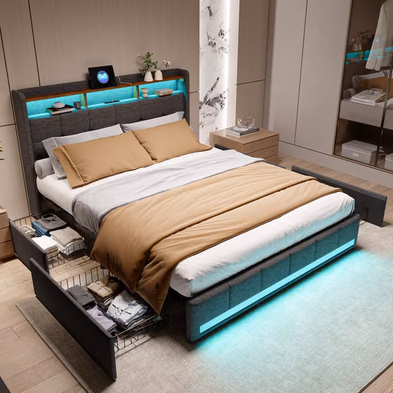 Letto 160x200 cm con illuminazione a LED e 2 porte USB-C, letto matrimoniale imbottito con 4 cassetti, rivestimento in lino, grigio