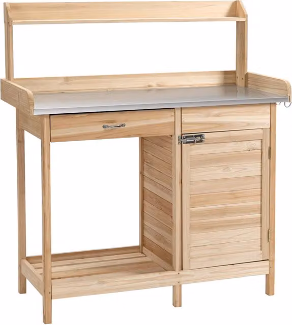 Tavolo da giardino in legno con 2 ripiani, cassetto e armadietto ¨C Minimal ¨C 90x60x80 cm