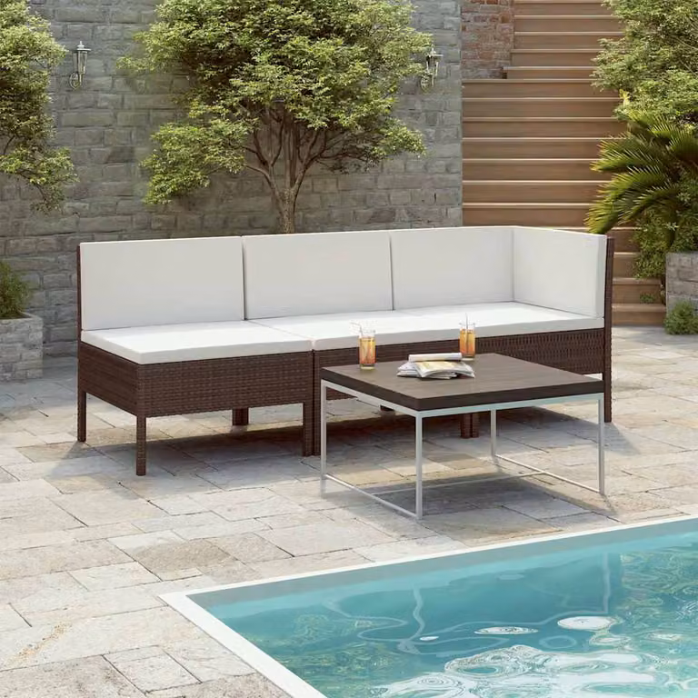 vidaXL Set Divani da Giardino a L con Cuscini, Struttura in Metallo e Polyrattan, Marrone e Bianco
