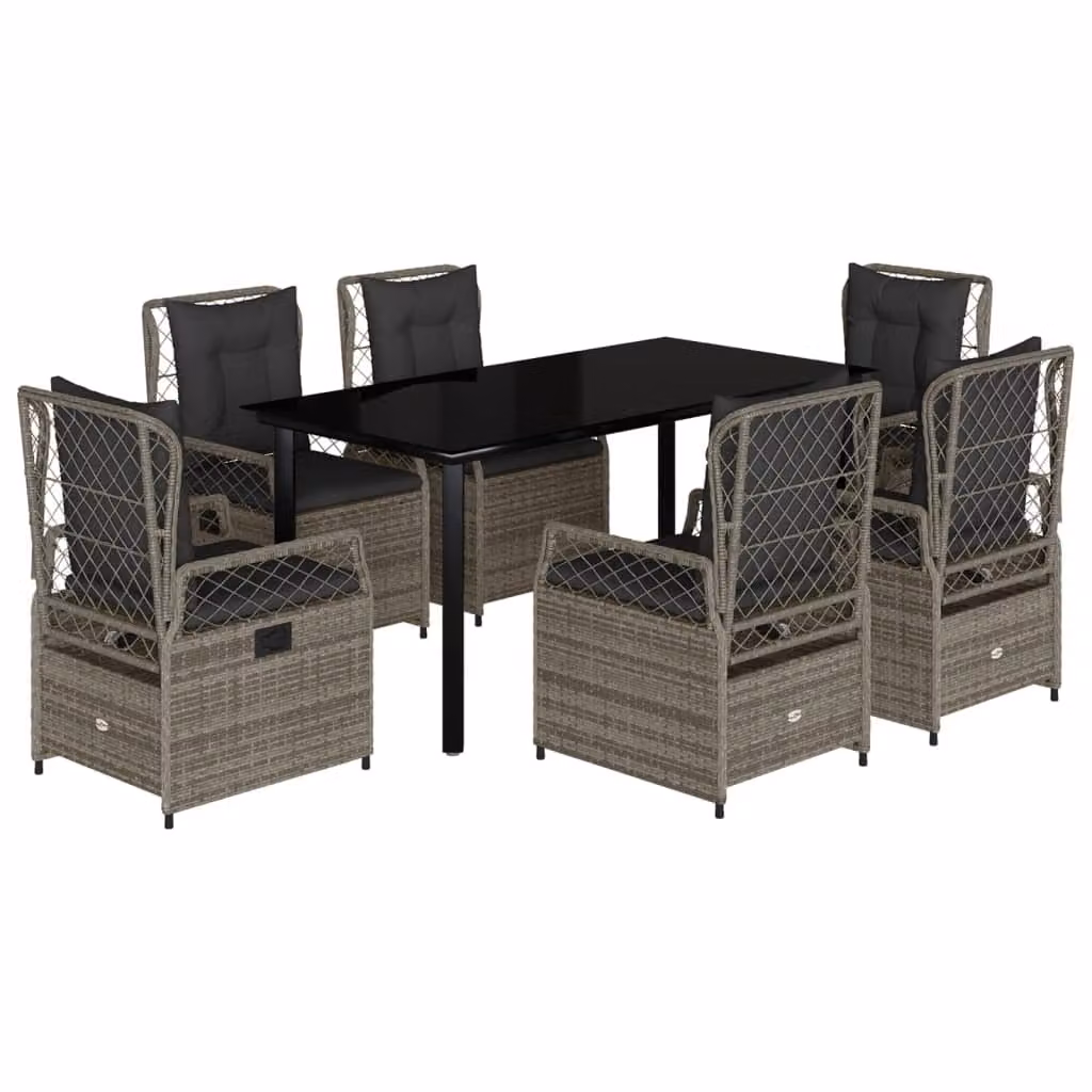 Set da Pranzo da Giardino 7 pz con Cuscini in Polyrattan Grigio