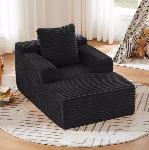 Divano letto ULEVR in velluto a coste nero, chaise longue e poltrona relax senza montaggio