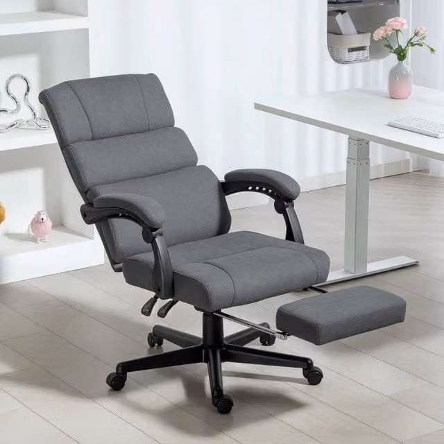 Sedia da ufficio girevole in velluto grigio con ruote e poggiapiedi L: 68.5 cm, P: 56 cm, H: 105-115 cm – 1