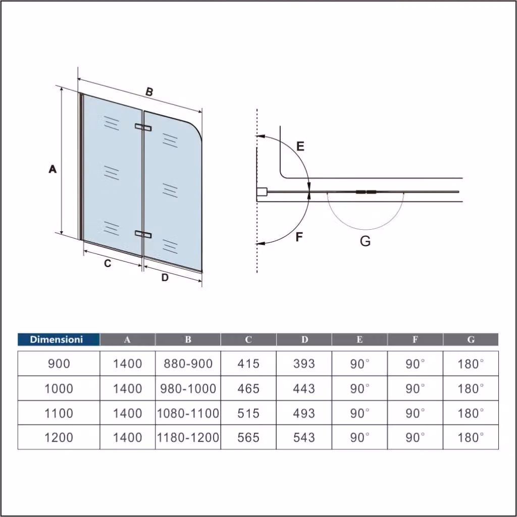 Sopravasca da bagno Aica Italy con due ante mobili in vetro temperato trasparente da 6 mm, trattamento anticalcare e telaio nero opaco, L: 140 cm, H: 90 cm – 2