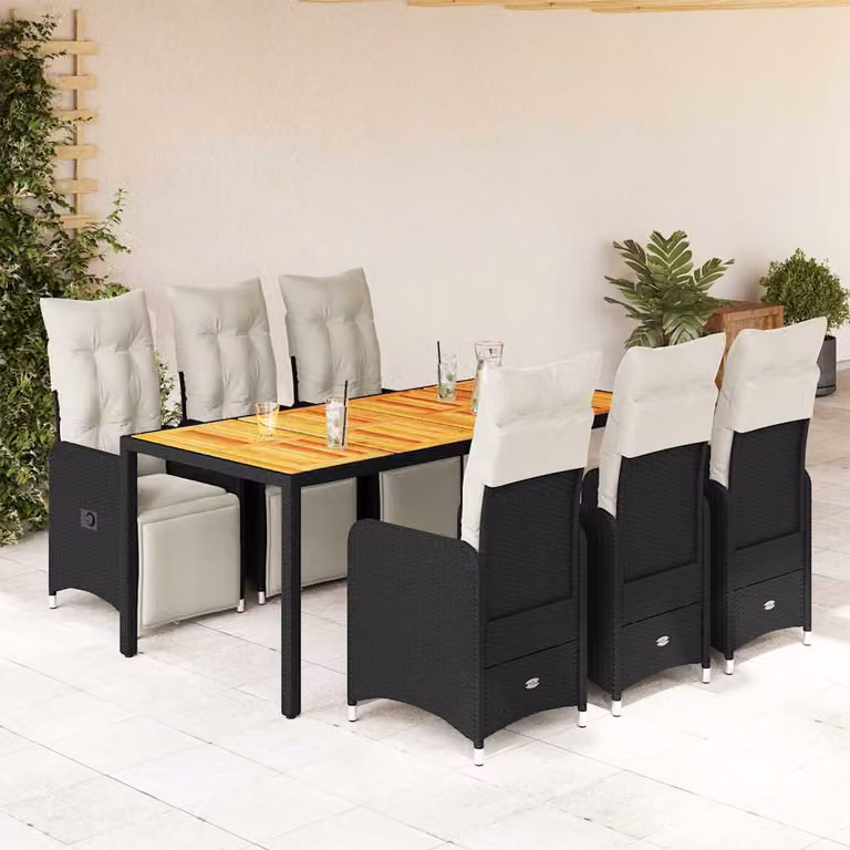 Set da Bistrò da Giardino vidaXL in Polyrattan e Legno di Acacia con Cuscini, 7 Pezzi, Nero e Bianco