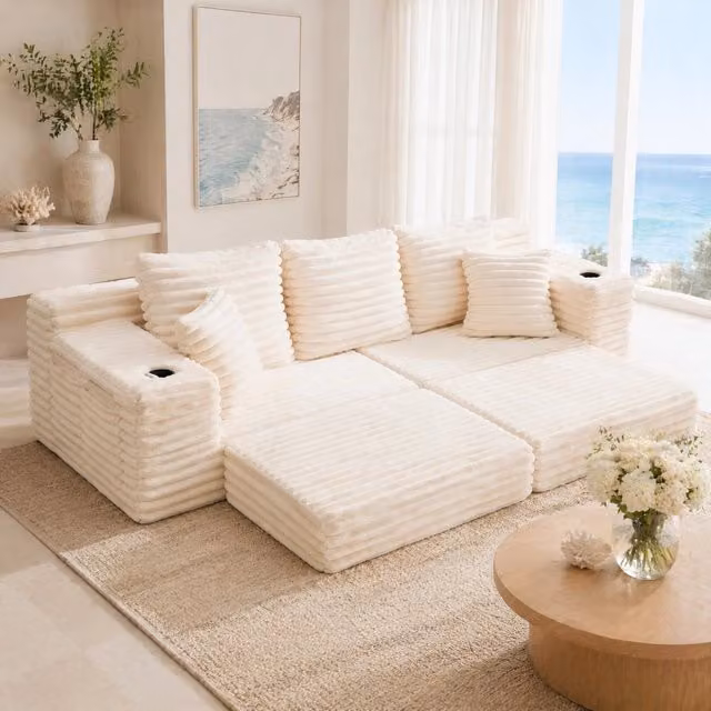 Divano letto in velluto a coste beige con contenitori