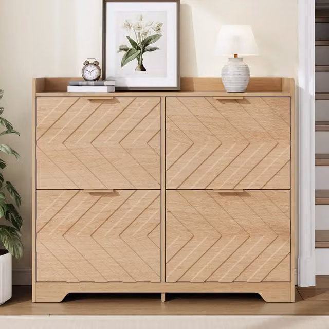 Scarpiera salvaspazio in MDF beige con 4 vani a ribalta e chiusura soft close L: 105 cm, P: 24 cm, H: 90 cm