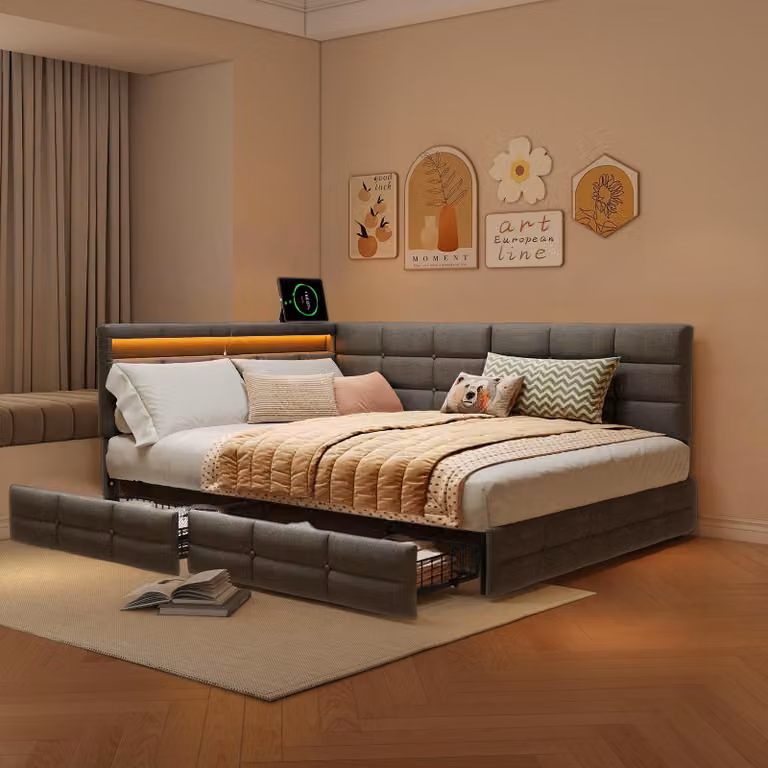 Letto per ragazzi UnboxG 140x190 cm con USB e Type-C, letto per bambini/divano letto con cassetto e vano portaoggetti, letto con contenitore e LED, divano letto classico grigio