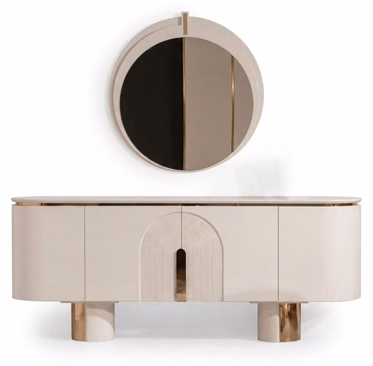 Credenza color beige con specchio, cassettiera, credenza di design in legno