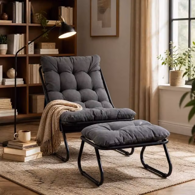 Sedia lounge da esterno con pouf in acciaio nero/grigio