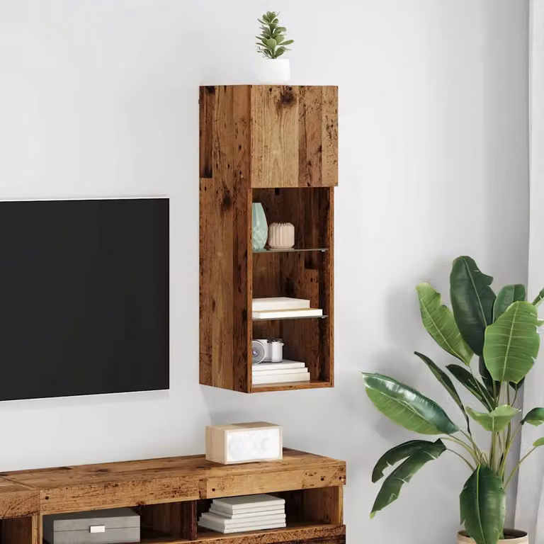 Mobile TV da parete vidaXL in legno vecchio marrone con illuminazione integrata L/P/H: 30,5 x 30 x 90 cm