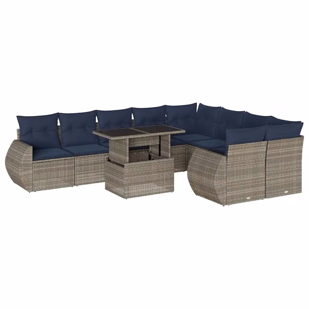 Set da giardino moderno vidaXL composto da 10 pezzi con divani ad angolo a L, tavolino da caffè e cuscini grigi e blu in polyrattan e metallo – 2