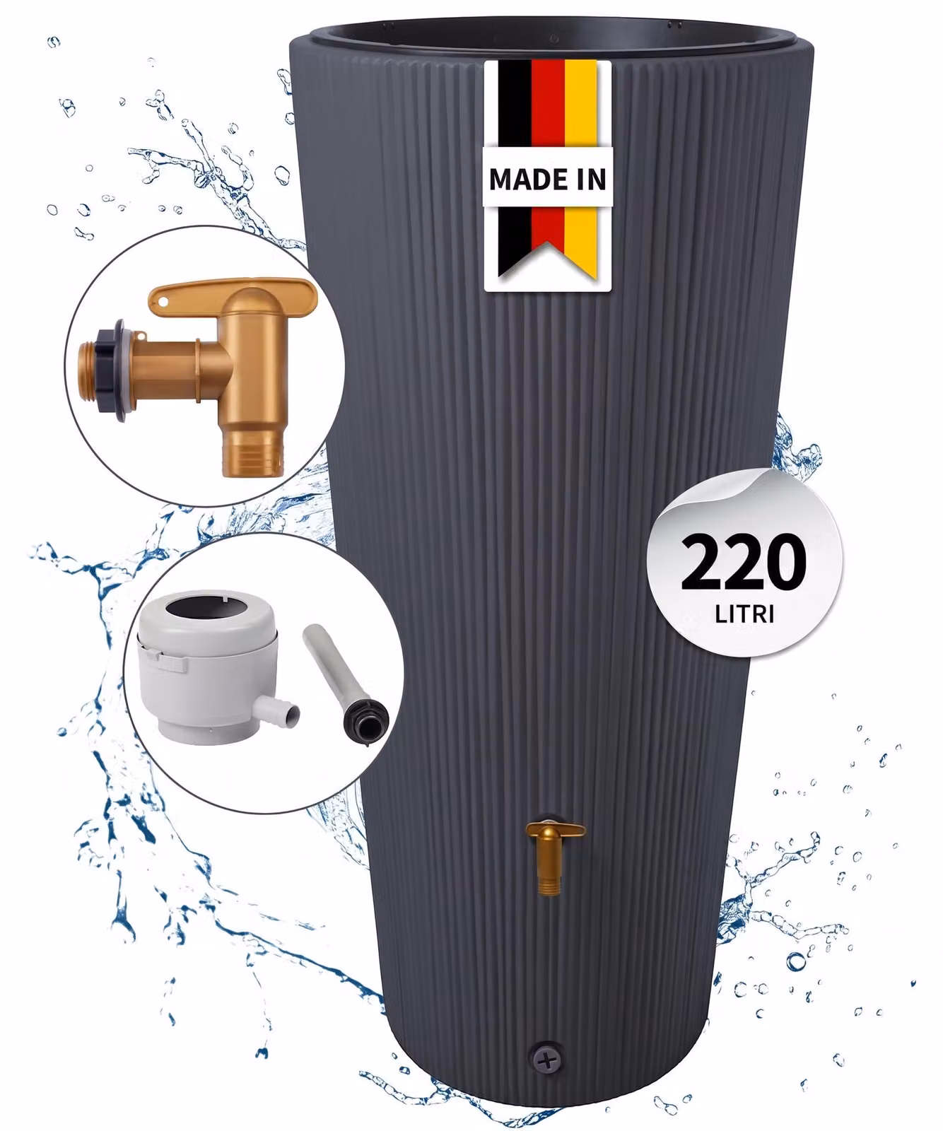 4rain VASO 2in1 DECOR serbatoio per pioggia 220 litri grigio grafite incl. rubinetto in plastica e raccordo pluviale