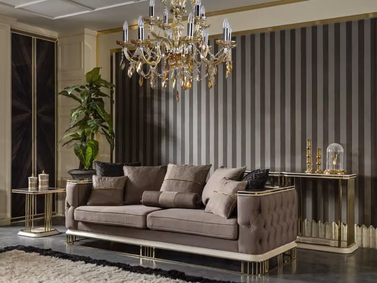 Sofa 3 Sitzer Braun Design Luxus Polster Stoff Wohnzimmer Möbel Elegantes