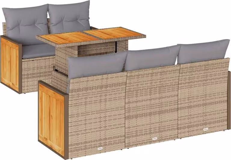 Set Divano da Giardino 6 pz con Cuscini Beige Polyrattan Acacia